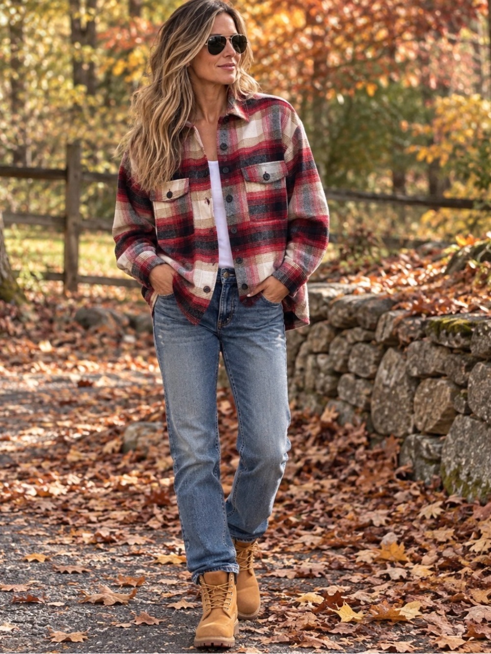Elan Red Cream and Black Plaid Shacket